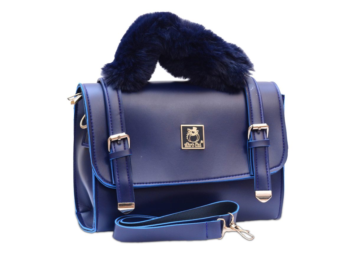 Blue colour short bag with fur handle