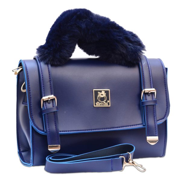 Blue colour short bag with fur handle