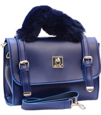 Blue colour short bag with fur handle