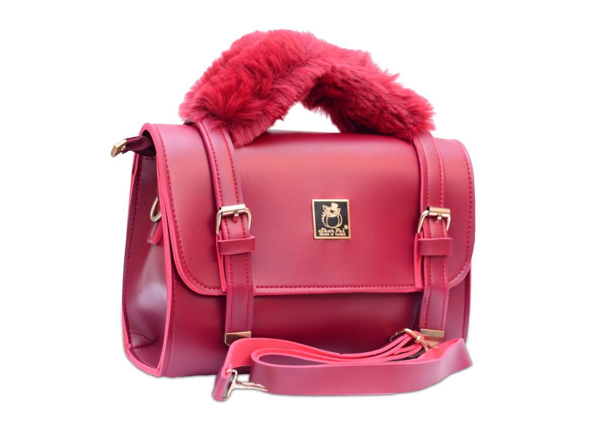 Maroon colour short bag with fur handle