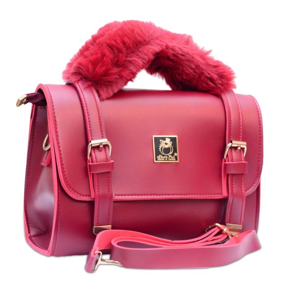 Maroon colour short bag with fur handle